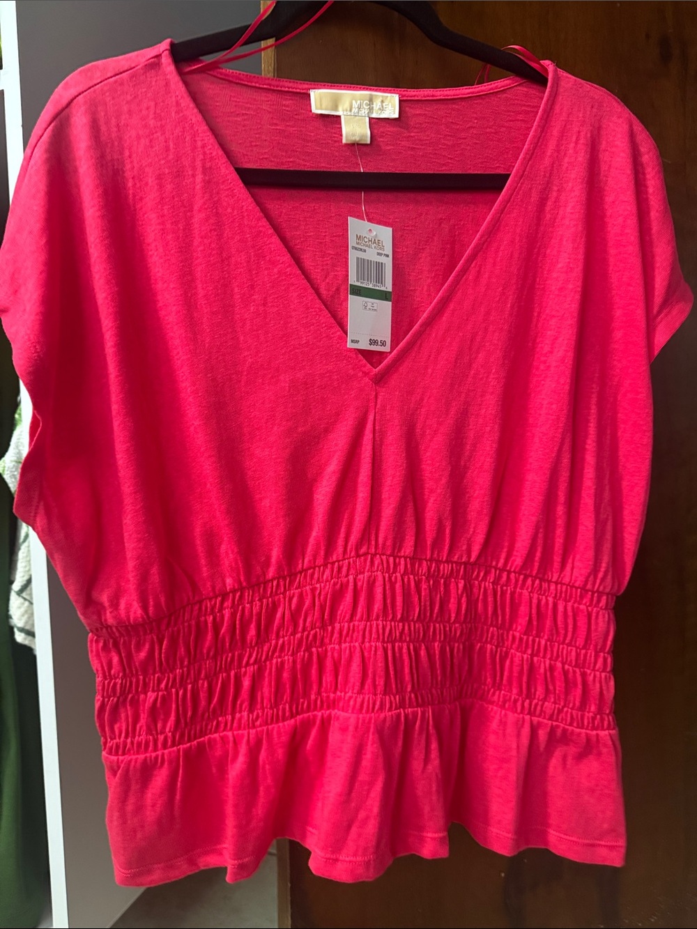 Michael Kors Bright Pink V-Neck Smocked Waist Peplum Top